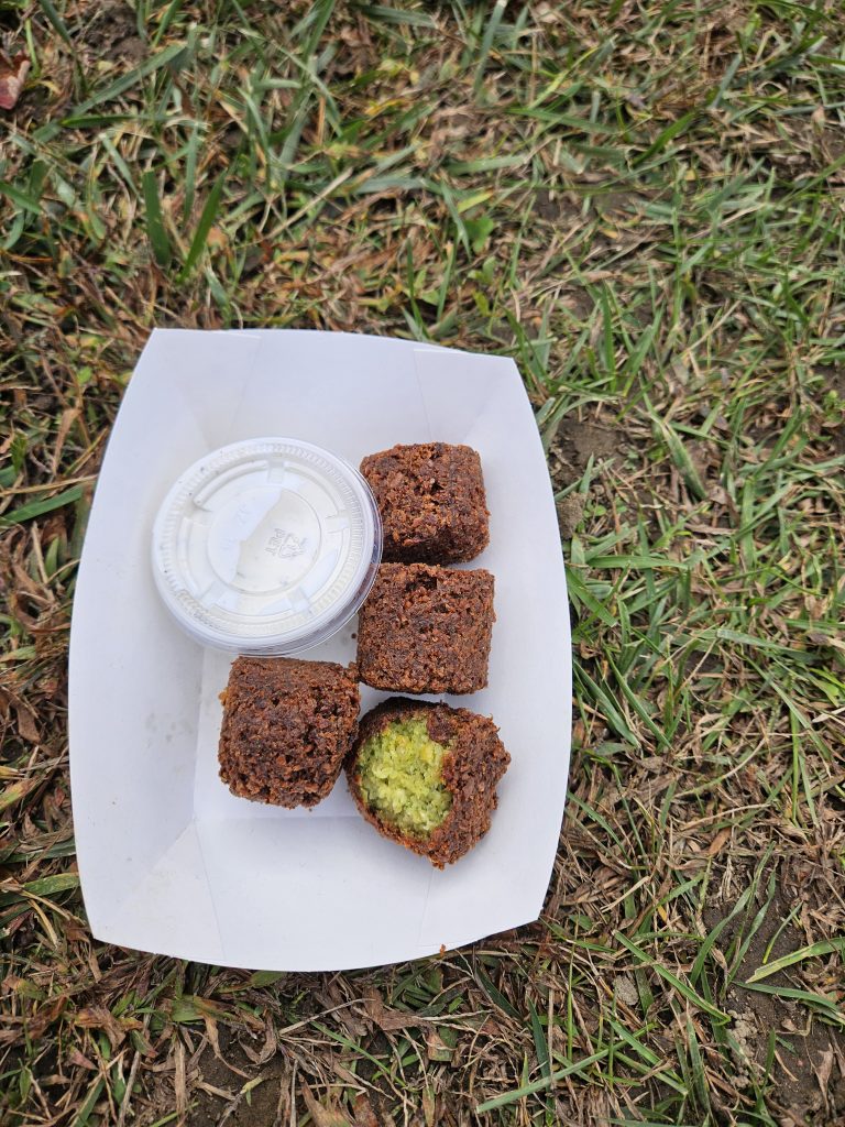 4 falafel barrels in a dish, one bitten into